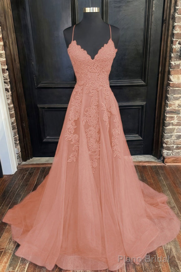 A-Line/Princess V-neck Sweep Train Tulle Evening Dresses With Appliques Lace
