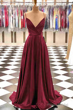 A-line V Neck Spaghetti Straps Sweep Train Charmeuse Prom Dresses With Pleated