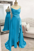 A-line Bateau Spaghetti Straps Long/Floor-Length Satin Prom Dresses With Pleated Split