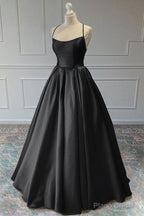 A-line Sleeveless Square Neckline Long/Floor-Length Satin Prom Dresses