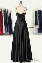 A-line Sweetheart Spaghetti Straps Long/Floor-Length Satin Prom Dresses With Appliqued Pockets