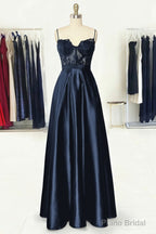 A-line Sweetheart Spaghetti Straps Long/Floor-Length Satin Prom Dresses With Appliqued Pockets