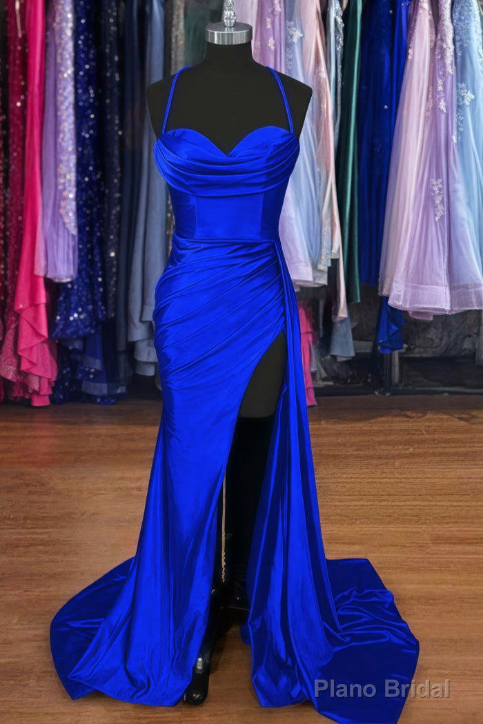 A-line Sweetheart Spaghetti Straps Sweep Train Silk like Satin Ruched Prom Dresses