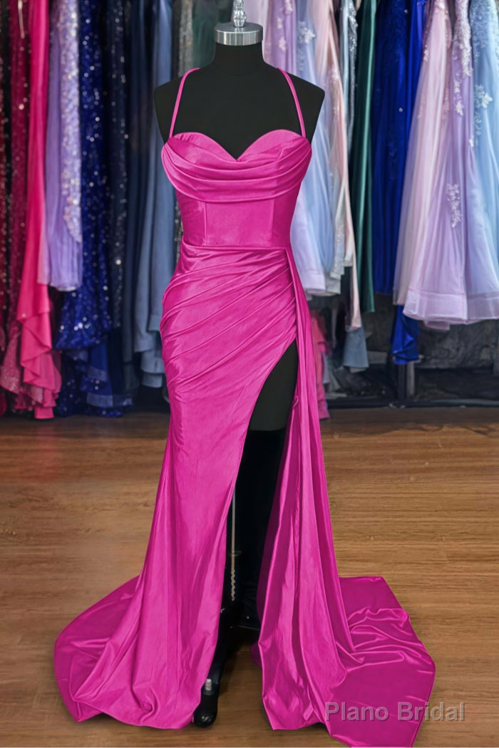 A-line Sweetheart Spaghetti Straps Sweep Train Silk like Satin Ruched Prom Dresses