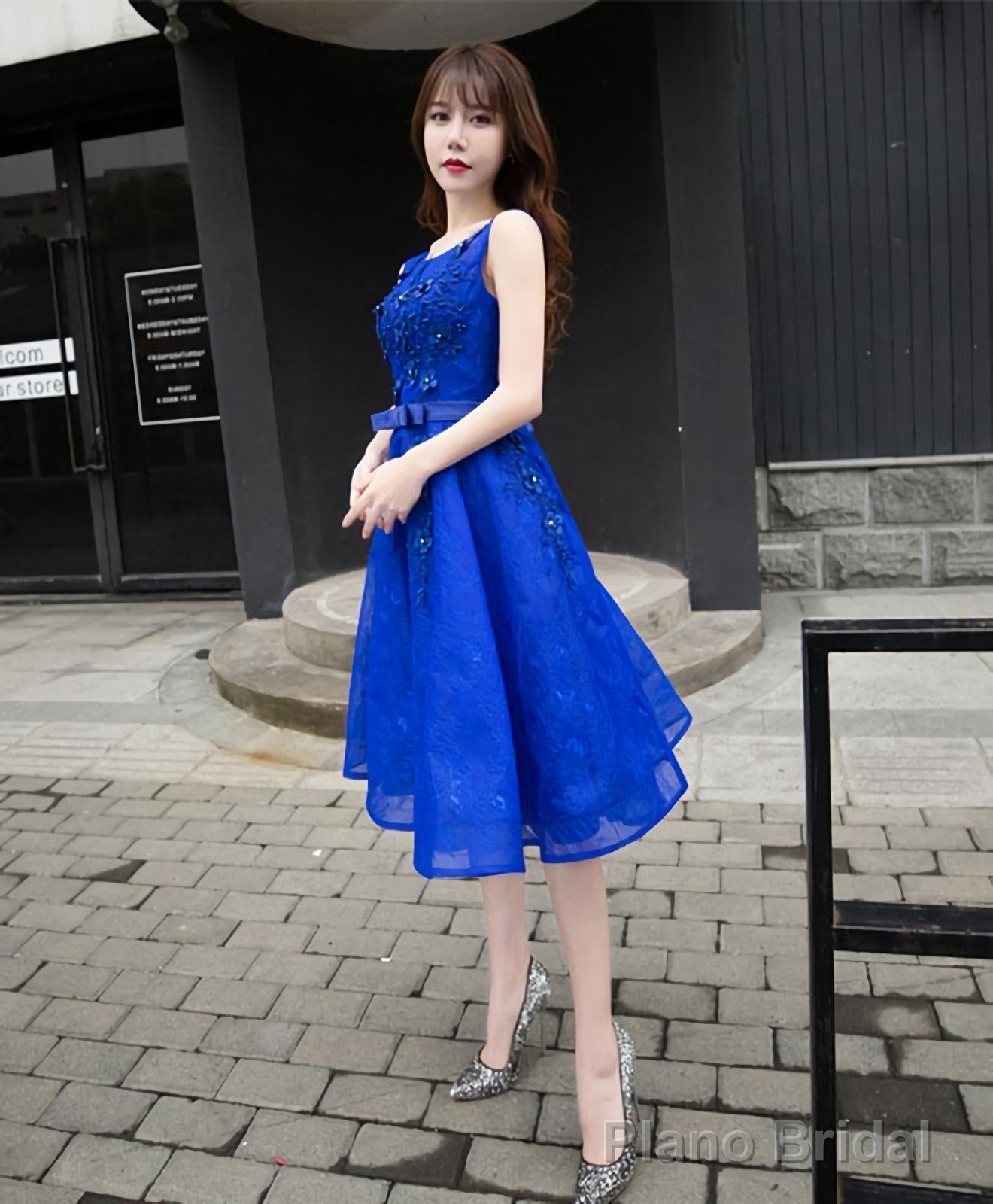 Royal Blue Lace A Line Short Prom Dress Evening Dress