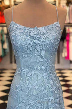 Blue Spaghetti Straps Backless Appliques Formal Prom Dresses