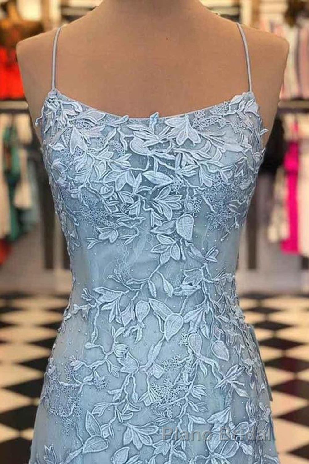 Blue Spaghetti Straps Backless Appliques Formal Prom Dresses