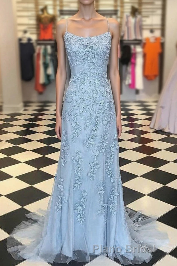 Blue Spaghetti Straps Backless Appliques Formal Prom Dresses Main image