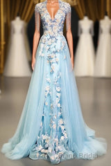 Modest Square Neckline Beading Appliques Sky Blue Long Formal Prom Dresses Pageant Gown