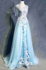 Modest Square Neckline Beading Appliques Sky Blue Long Formal Prom Dresses Pageant Gown