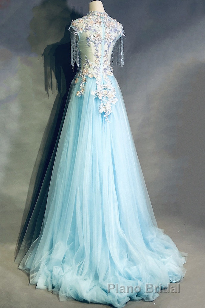 Modest Square Neckline Beading Appliques Sky Blue Long Formal Prom Dresses Pageant Gown