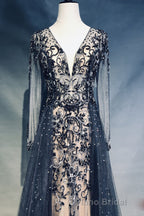 Luxury Long Sleeves V-neck Long Formal Prom Dresses Overskirt Mother Prom Dresses