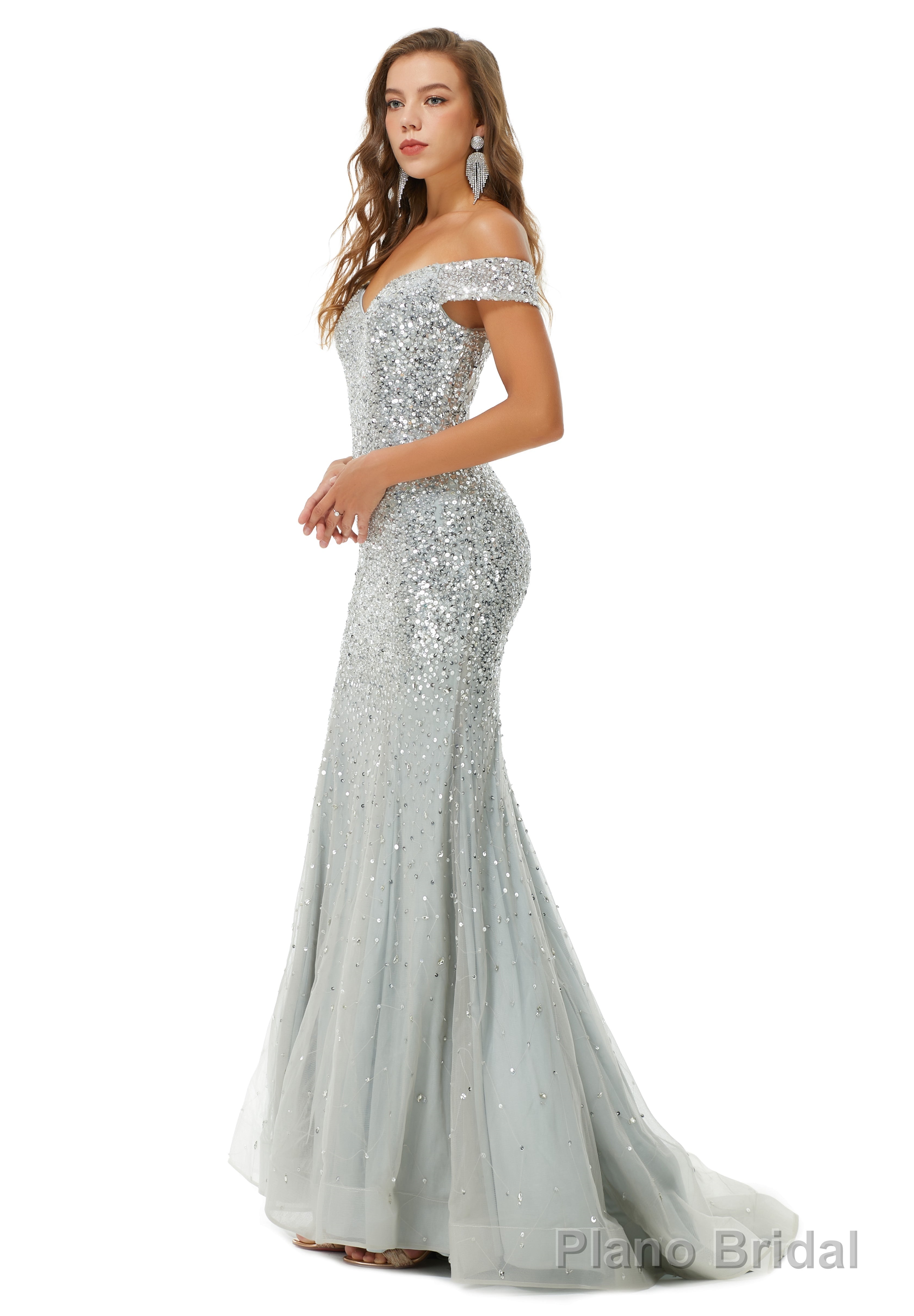 Off Shoulder Mermaid Evening Dresses, Luxurious Silver Bead Trumpet Formal Prom Dress Secondary image