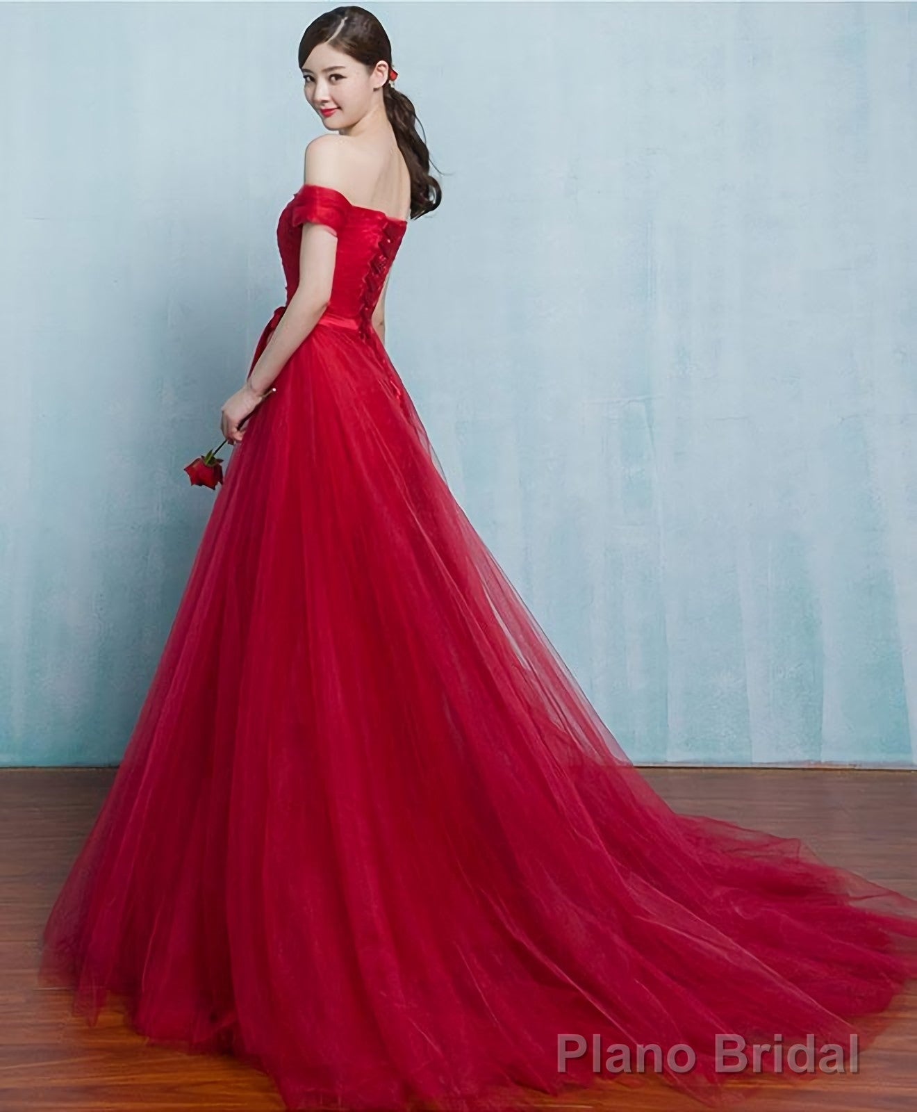 Red A Line Tulle Long Prom Gown Evening Dress Secondary image