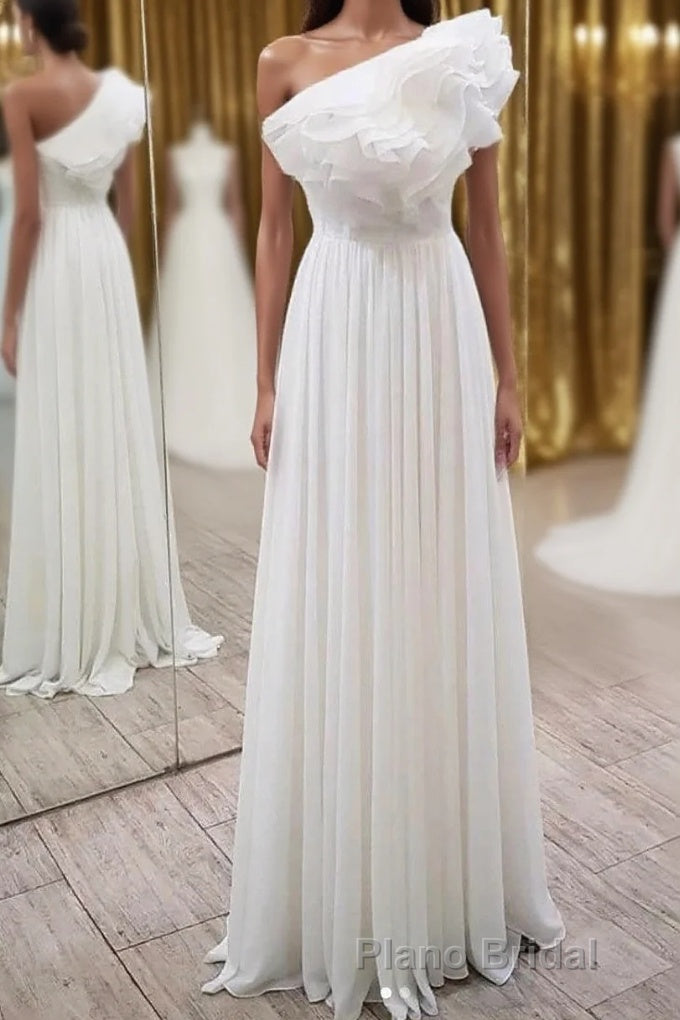 Elegant Ruffles One Shoulder Long Formal Prom Dresses, Chiffon Long Prom Dresses