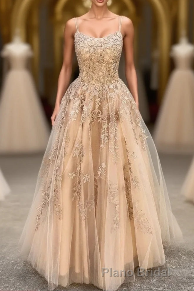 Hottest Elegant Spaghetti Straps Backless Lace Long Princess Formal Prom Dresses For Teens Main image