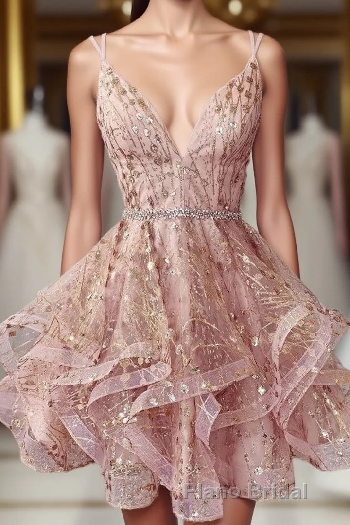 Cute Sequins Pink Homecoming Dresses V-neck Beaded Short Formal Prom Dresses Main image