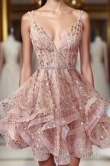 Cute Sequins Pink Homecoming Dresses V-neck Beaded Short Formal Prom Dresses