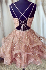 Cute Sequins Pink Homecoming Dresses V-neck Beaded Short Formal Prom Dresses