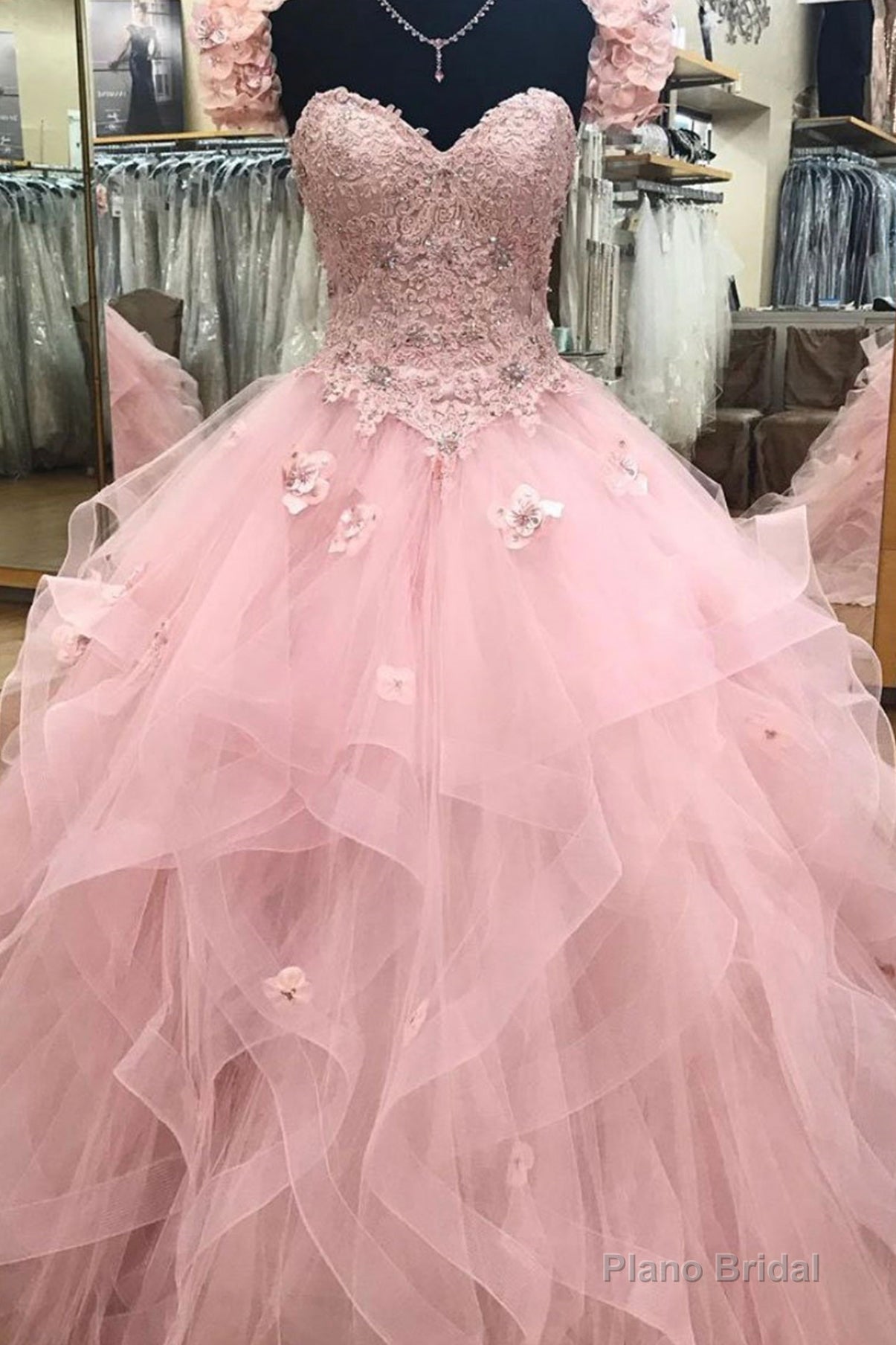 Pink Strapless Lace Long Prom Dresses, A-Line Evening Sweet 16 Dresses Main image