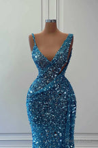 Blue Sleeveless Long Mermaid Sequins Prom Dress