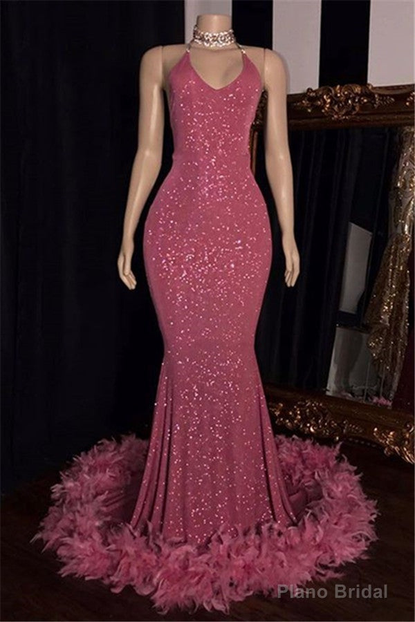 2025 Charming Mermaid Prom Dresses, Hot Pink Sequence With Feathers Halter Backless Main image