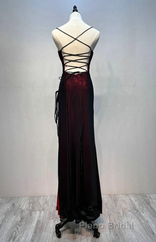 Black And Red Mermaid Straps Long Evening Dress, Long Formal Prom Dress With Leg Slit