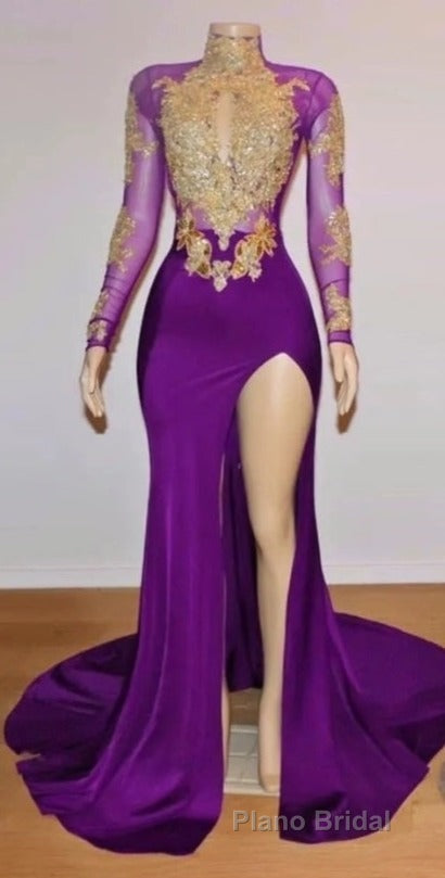 Unique Formal Prom Dresses, Long Sleeve High Neck Beaded Split Formal Prom Dresses Secondary image