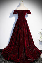 Burgundy Velvet Long Prom Dresses, Off the Shoulder Formal Evening Dresses