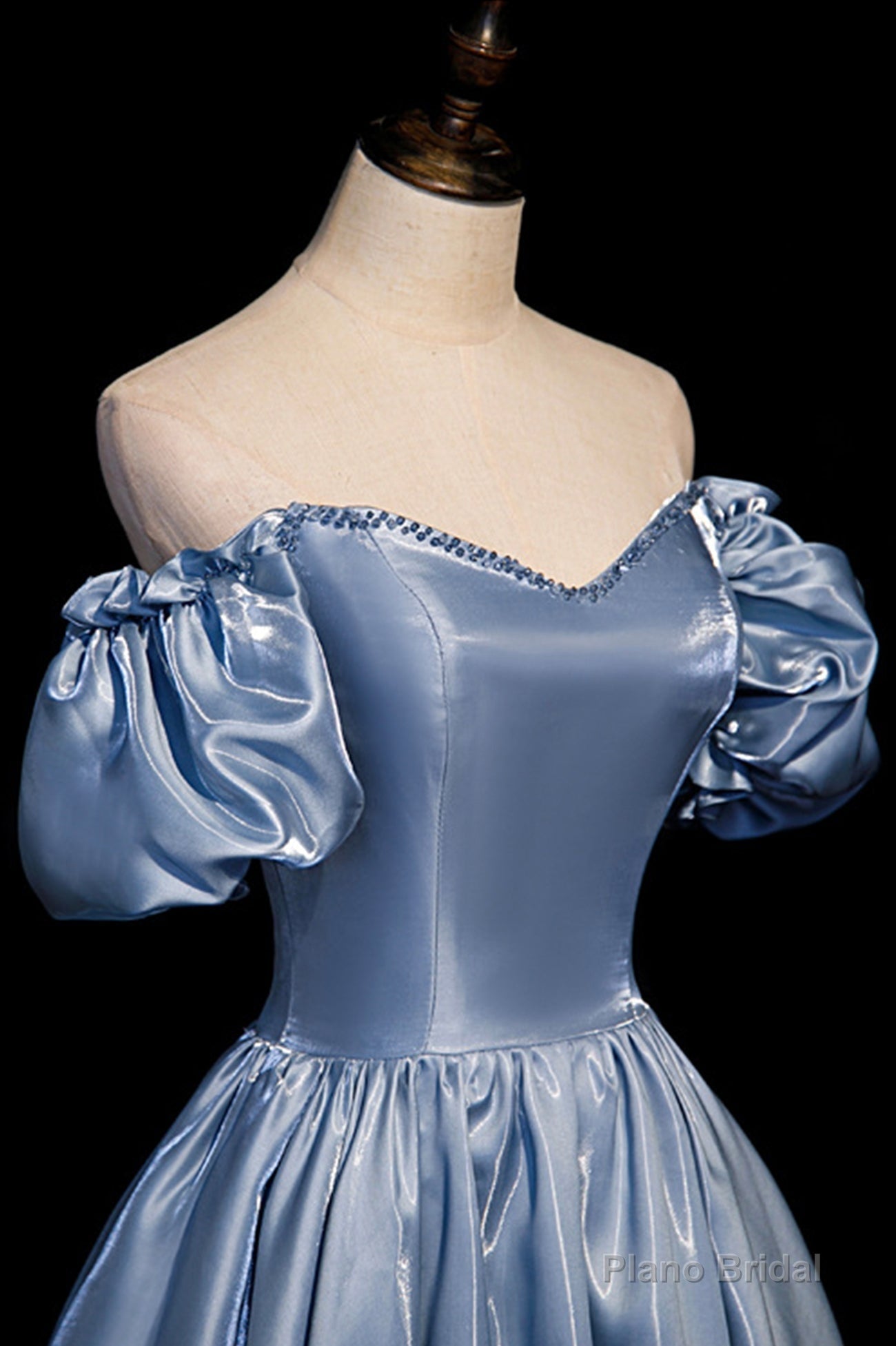 Cute Satin Long Prom Dresses, Blue Short Sleeve A-Line Evening Dresses