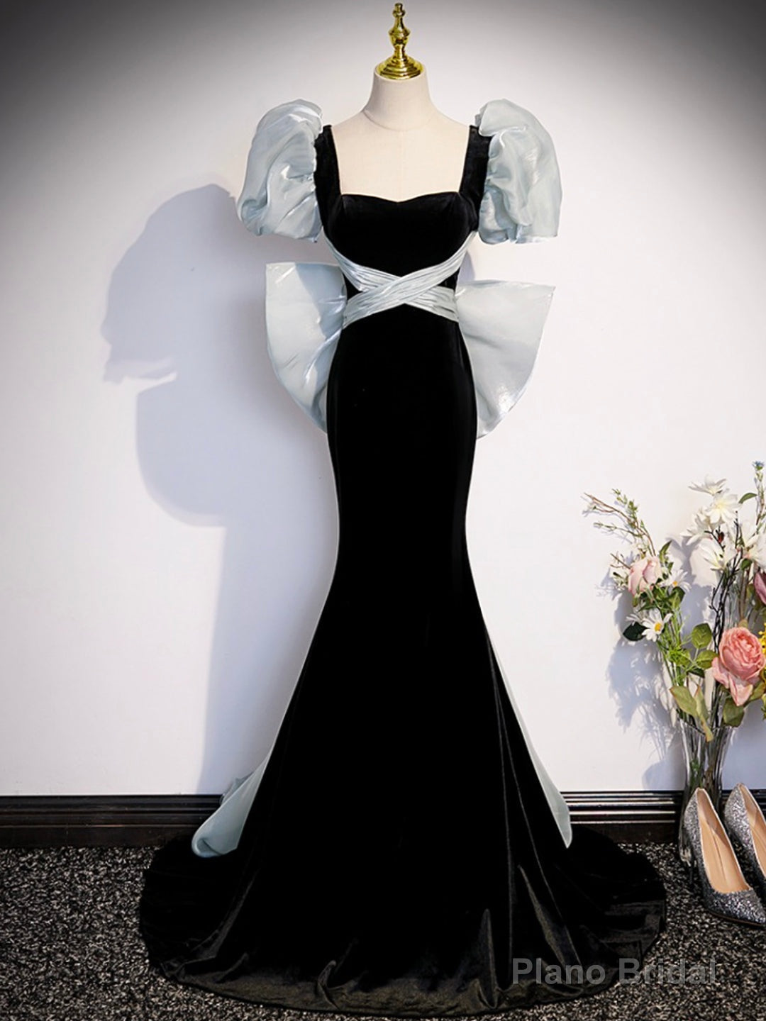 Black Velvet Long Prom Dress, Mermaid Evening Party Dress with Bow Secondary image