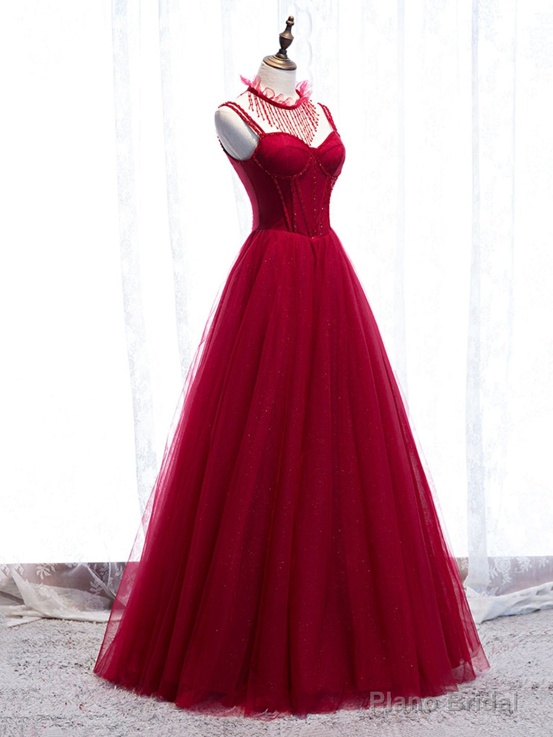 Red Spaghetti Strap Tulle Party Dress, Red Floor Length Prom Dress Main image