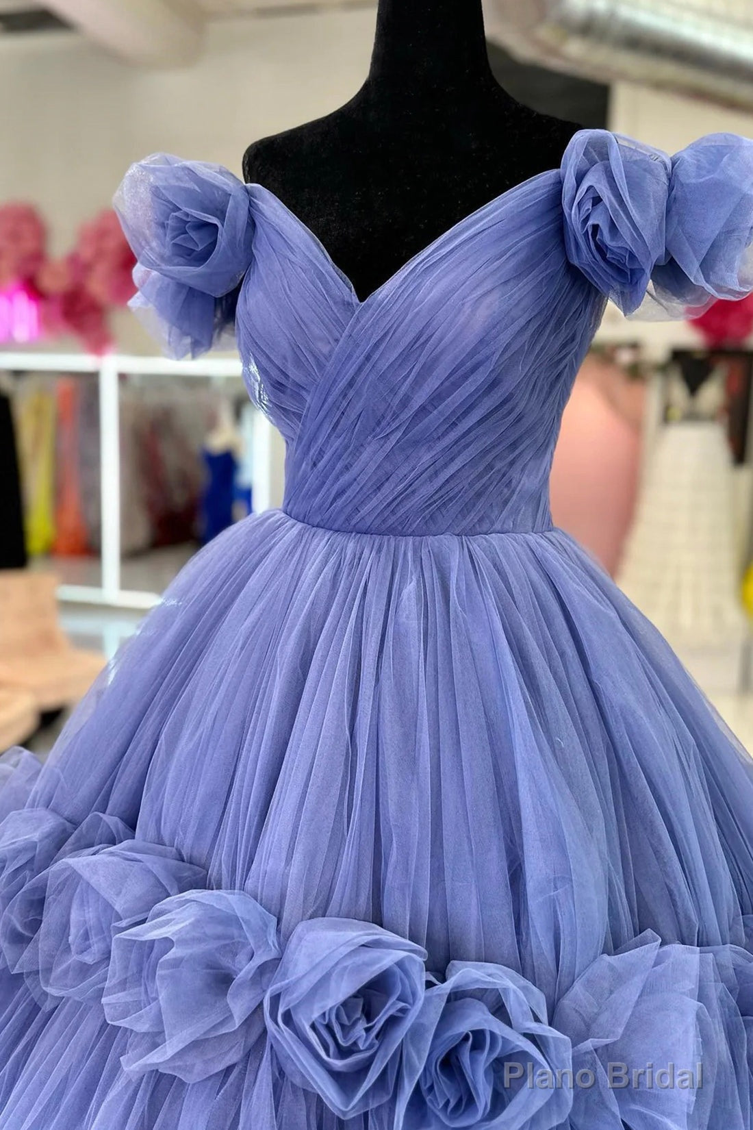 Blue V-neck Tulle Formal Dress with Flowers, Blue Floor Length Prom Dress Secondary image