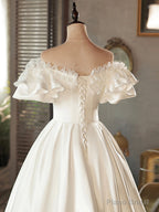 White Satin Lace Short Prom Dress, White Evening Dress, Wedding Dress