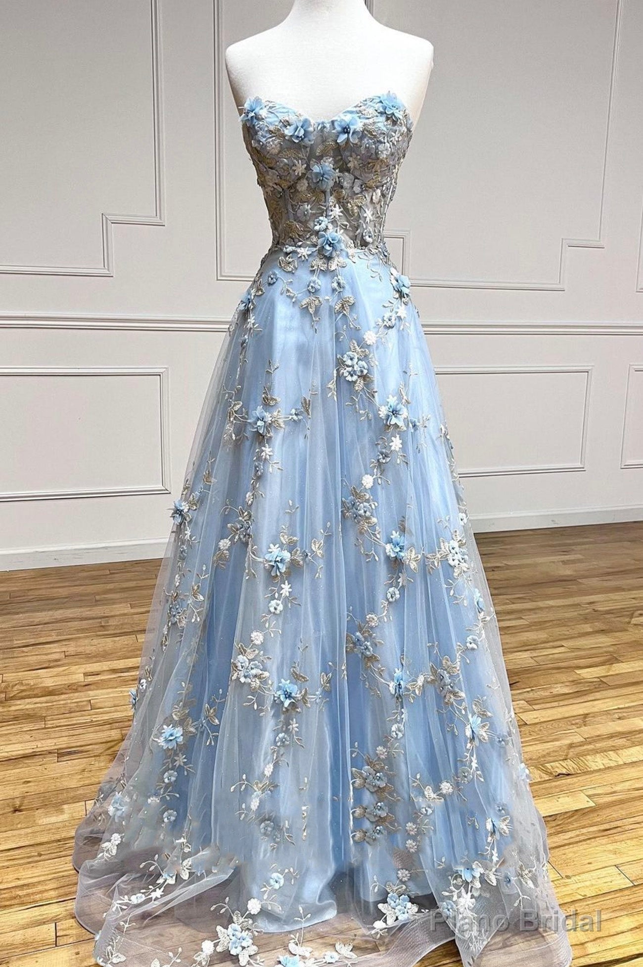 Blue Tulle Appliques Long Prom Dresses, A-Line Strapless Evening Dresses Main image