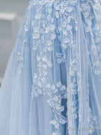 Blue Sweetheart Neck Lace Floor Length Prom Dress, Lovely Blue Evening Dress