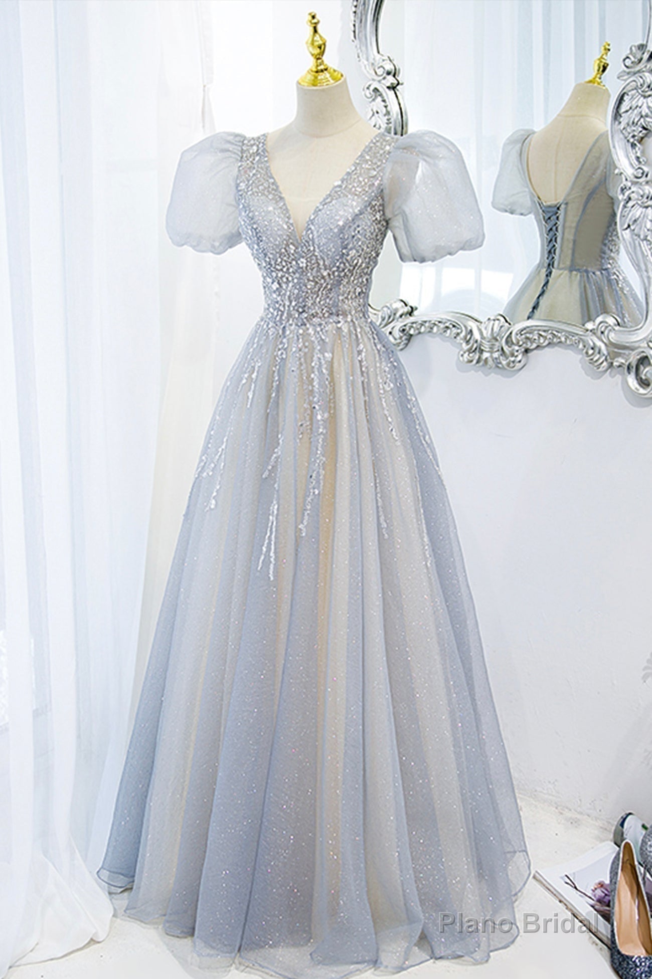 Gray Tulle Beading Long Prom Dresses, A-Line Short Sleeve Formal Evening Dresses Secondary image