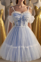 Cute Spaghetti Strap Lace Short Party Dresses, A-Line Evening Dresses