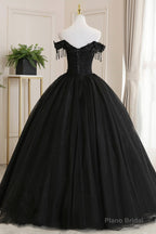 Black Tulle Lace Off the Shoulder Prom Dress, Black A-Line Evening Dress