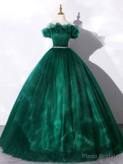 Green Off Shoulder Tulle Formal Dress, A-Line Long Prom Dress