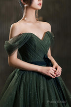Beautiful Green Tulle Long Prom Dress, A-Line Off the Shoulder Graduation Dress