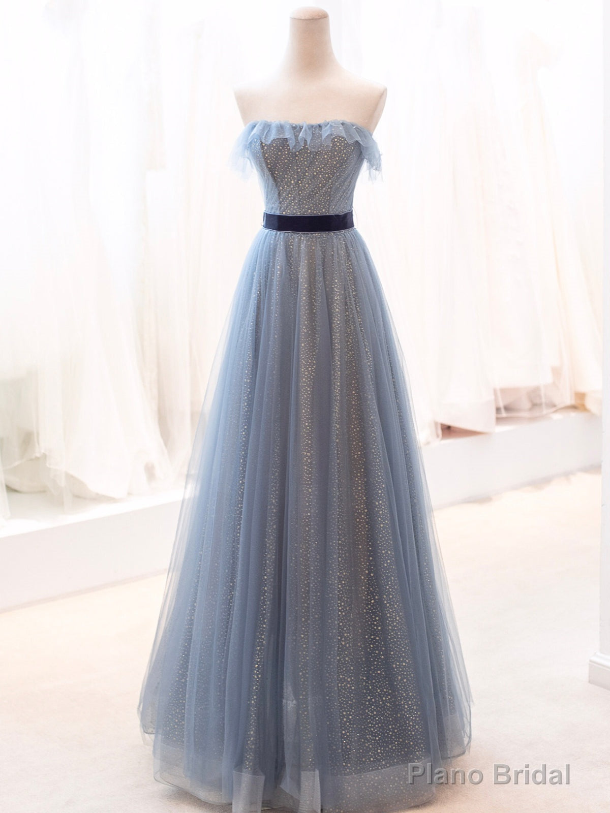 Blue Tulle Long Prom Dress, A-Line Strapless Evening Party Dress Main image