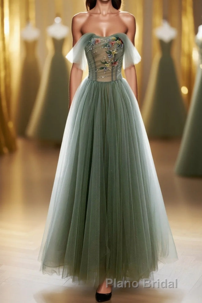 A-Line Green Tulle Long Formal Prom Dresses, Off the Shoulder Evening Party Dresses