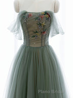 A-Line Green Tulle Long Formal Prom Dresses, Off the Shoulder Evening Party Dresses