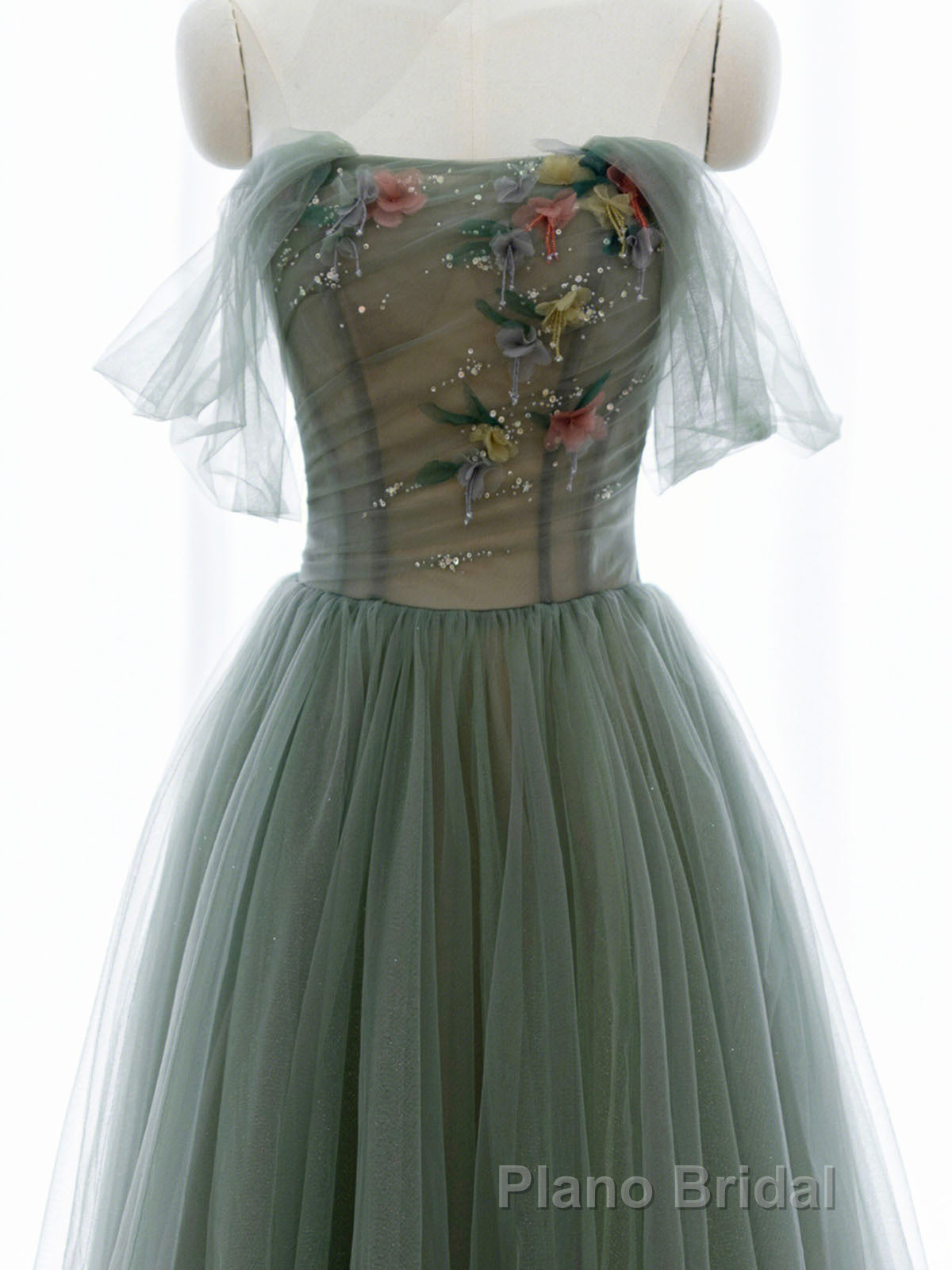 A-Line Green Tulle Long Formal Prom Dresses, Off the Shoulder Evening Party Dresses