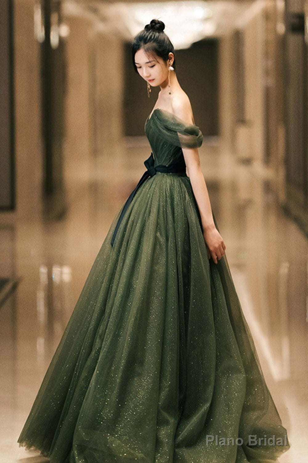 Beautiful Green Tulle Long Prom Dress, A-Line Off the Shoulder Graduation Dress