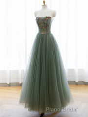 A-Line Green Tulle Long Formal Prom Dresses, Off the Shoulder Evening Party Dresses