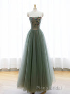 A-Line Green Tulle Long Formal Prom Dresses, Off the Shoulder Evening Party Dresses