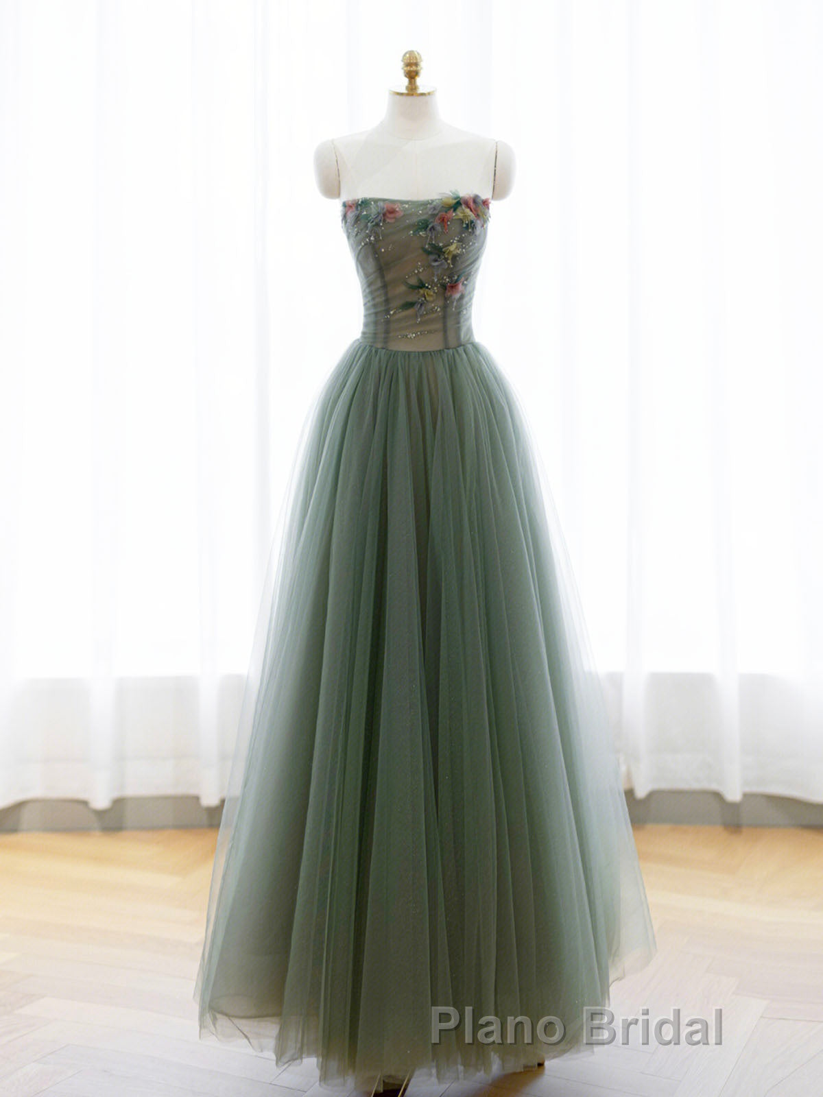 A-Line Green Tulle Long Formal Prom Dresses, Off the Shoulder Evening Party Dresses