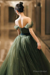 Beautiful Green Tulle Long Prom Dress, A-Line Off the Shoulder Graduation Dress